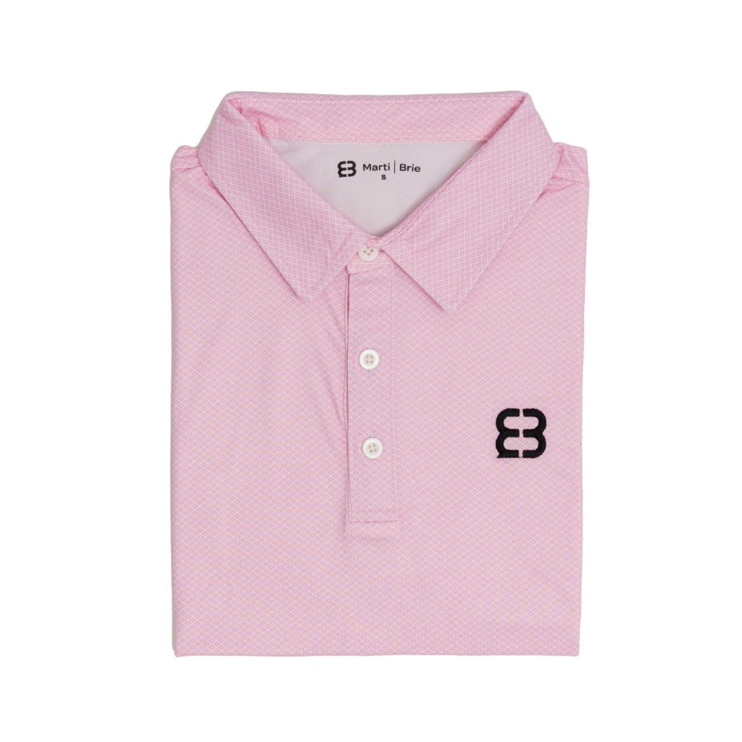 Pink polo shirt with a logo on a white background