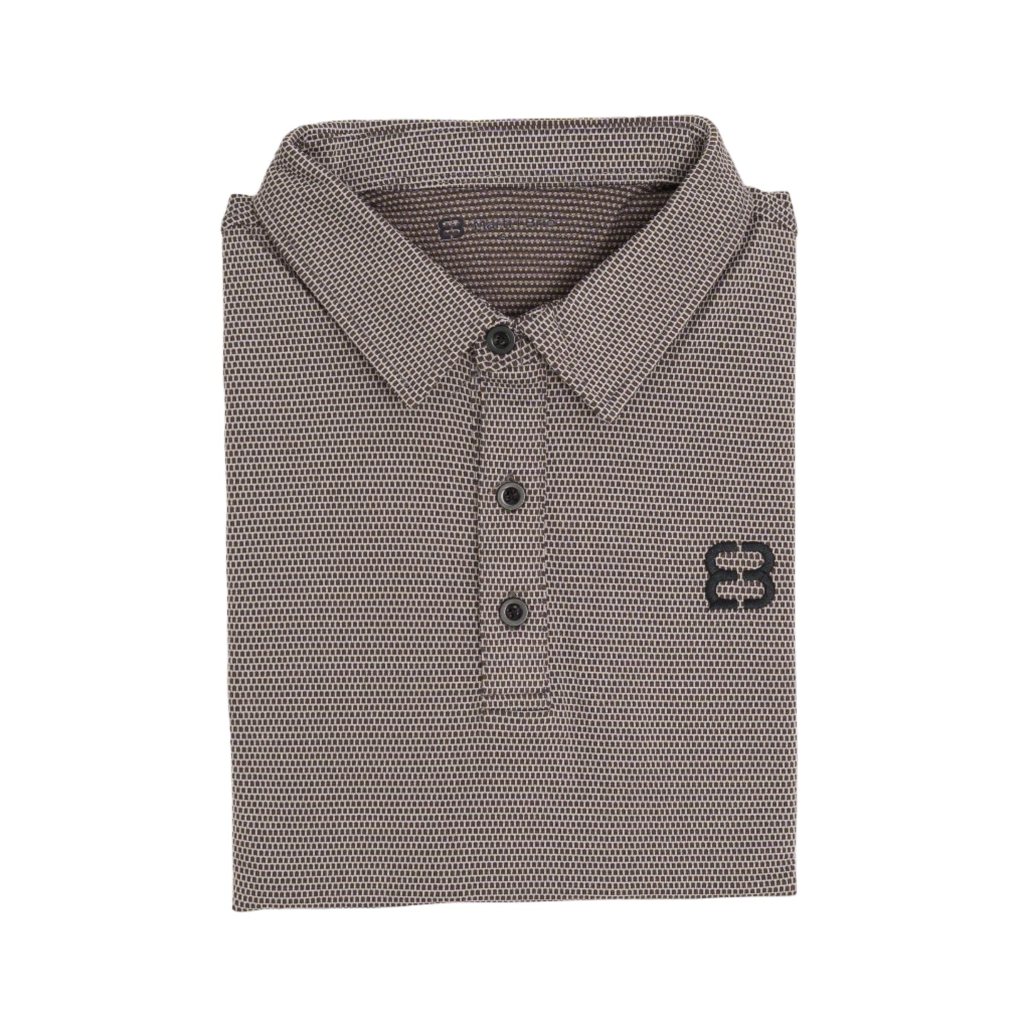 Folded brown polo shirt with a logo on a white background