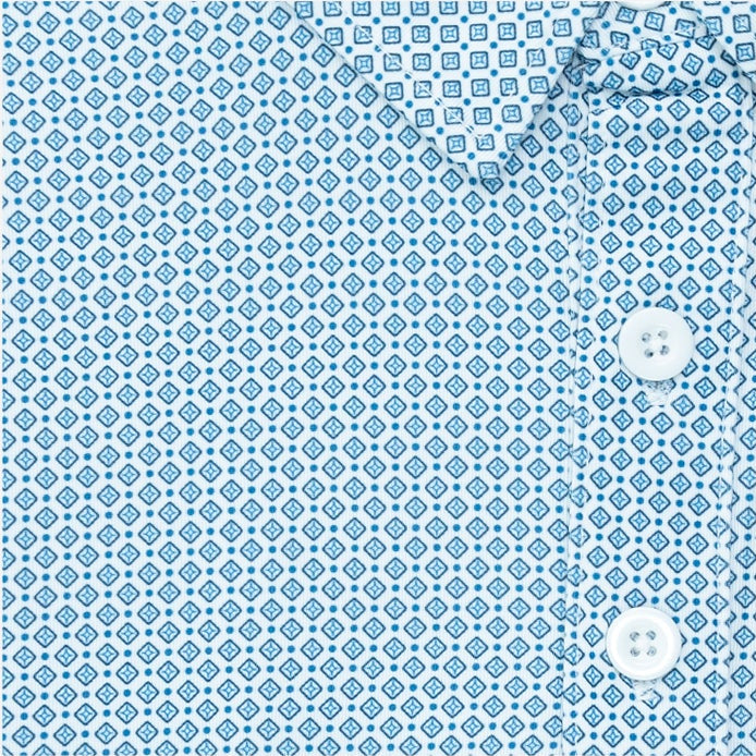 Light blue diamond patterned polo shirt with a brand logo on a white background