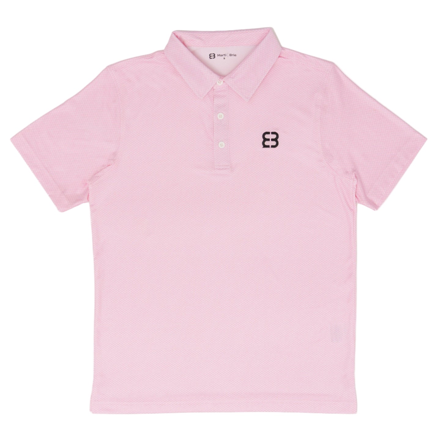 Pink polo shirt with a logo on a white background