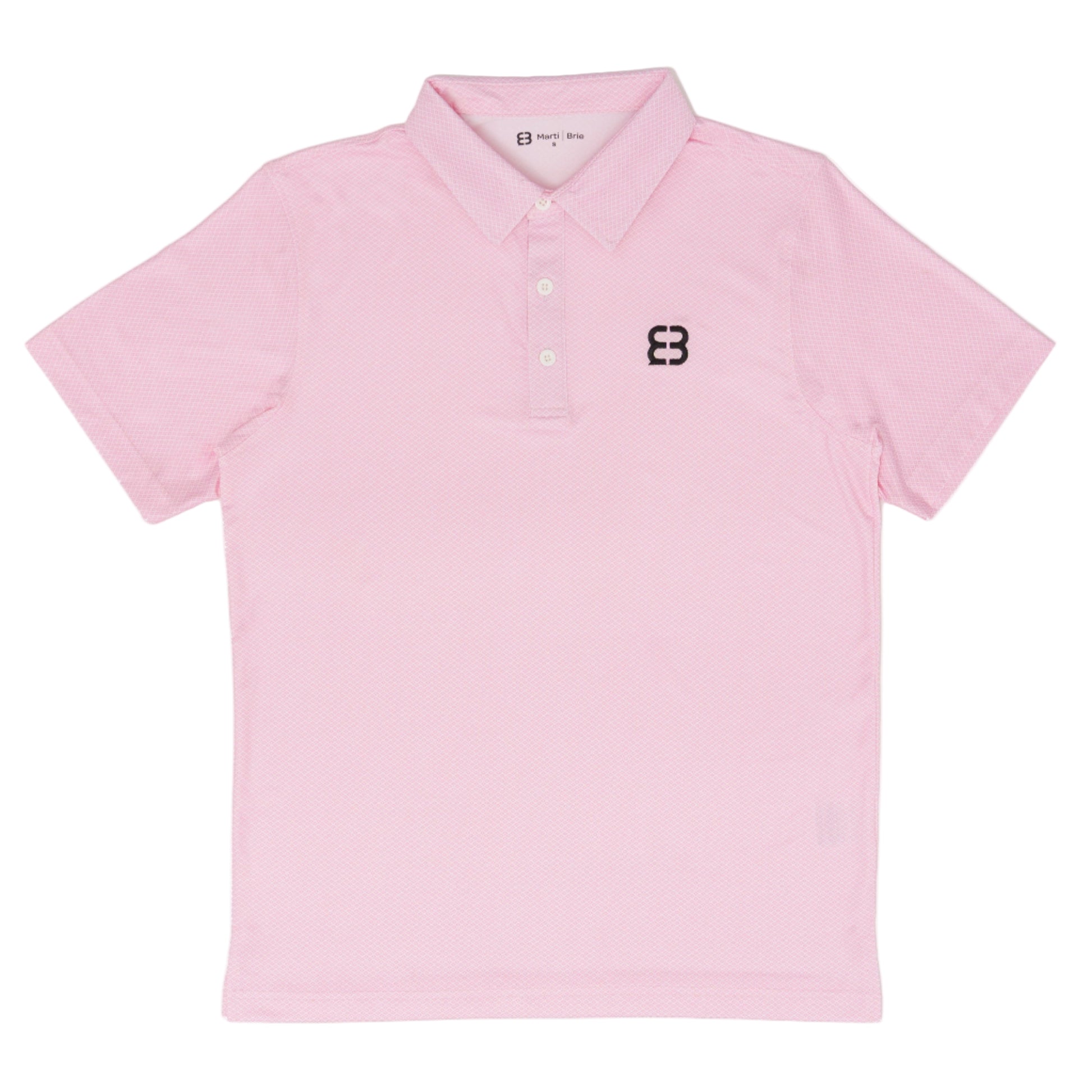 Pink polo shirt with a logo on a white background