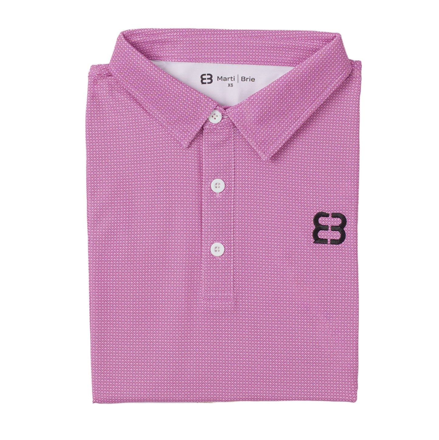 Pink checkered polo shirt with a marti and brie logo on a white background