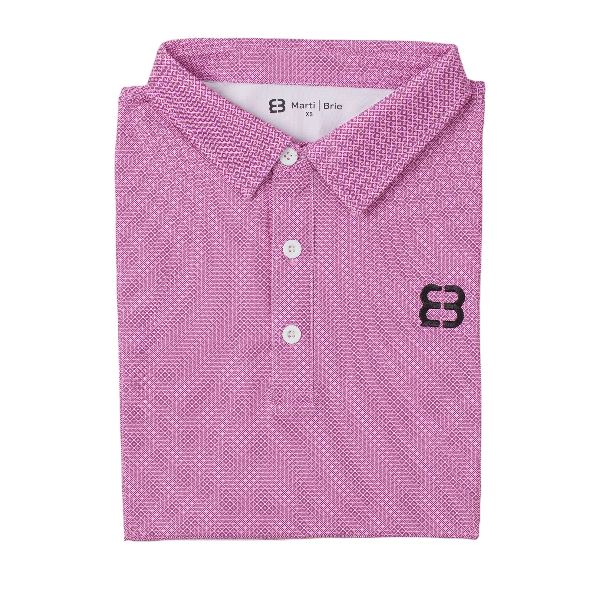 Pink checkered polo shirt with a marti and brie logo on a white background