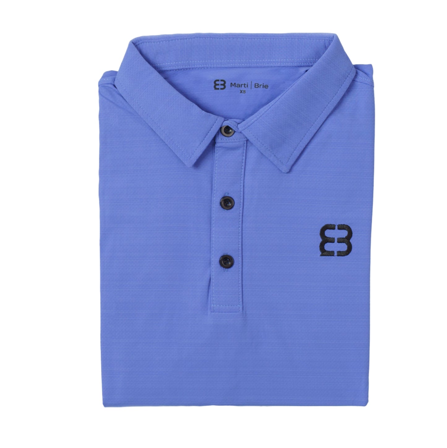 Folded blue polo shirt with a logo on a white background