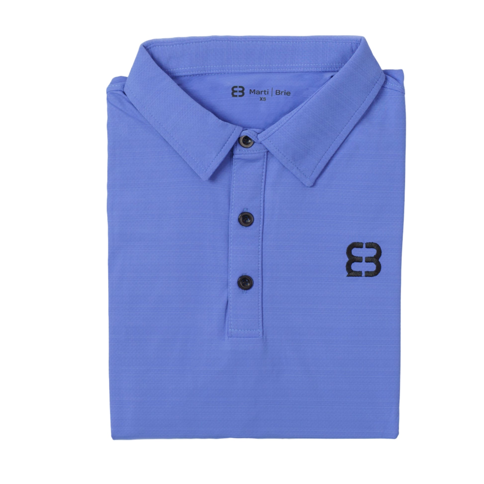 Folded blue polo shirt with a logo on a white background