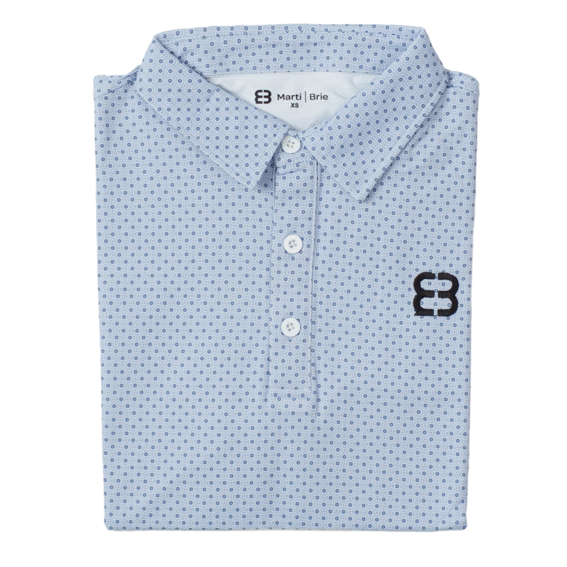 Folded light blue polo shirt with a pattern and brand logo on a white background