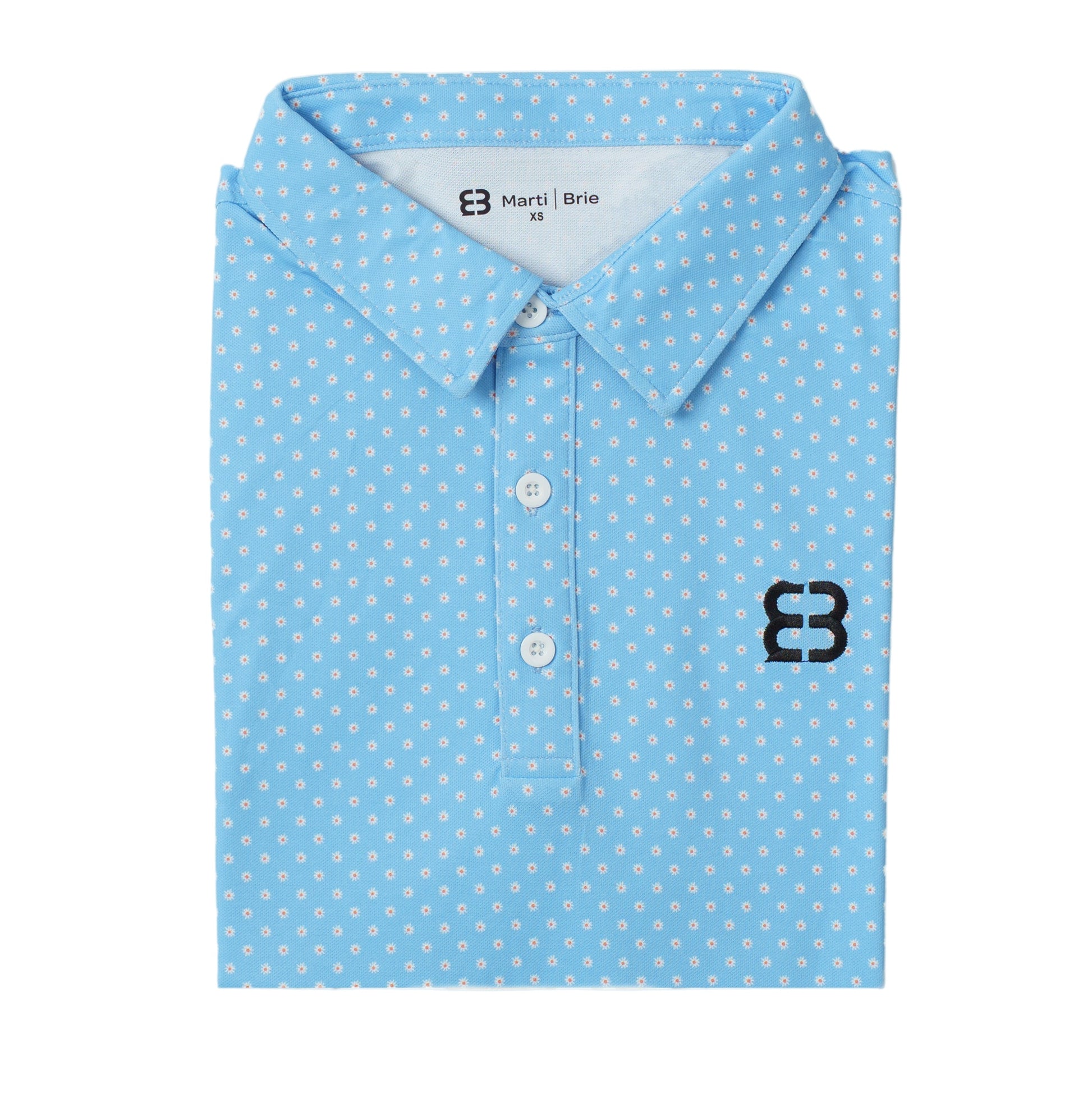 Folded blue polka dot polo shirt with a brand logo on a white background