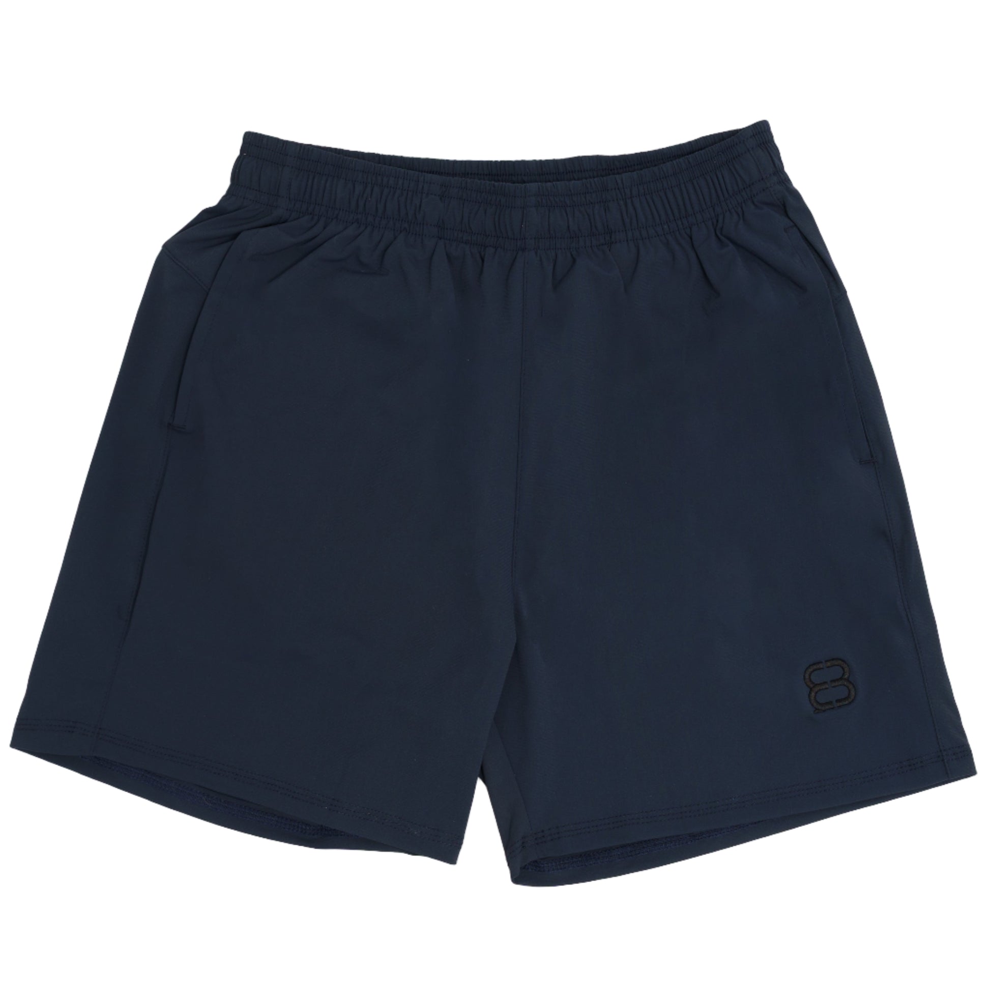 Navy blue shorts with a brand logo on a white background