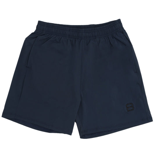 Navy blue shorts with a brand logo on a white background