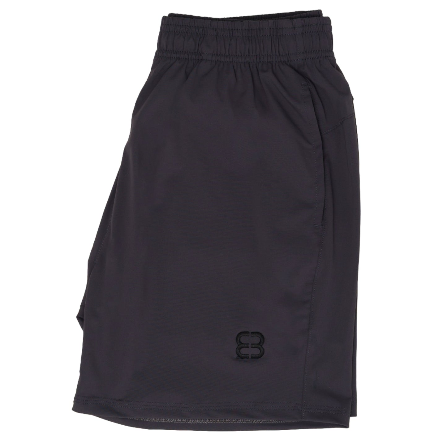 Black athletic shorts with a brand logo on a white background